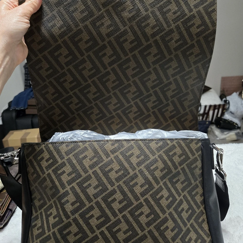 Fendi Forever Fendi Messenger Bag Zucca Coated Canvas and Leather EUC